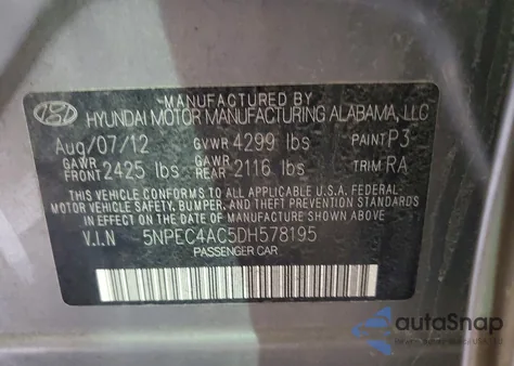 2013 Hyundai Sonata Se из США, поврежденный, VIN 5NPEC4AC5DH578195